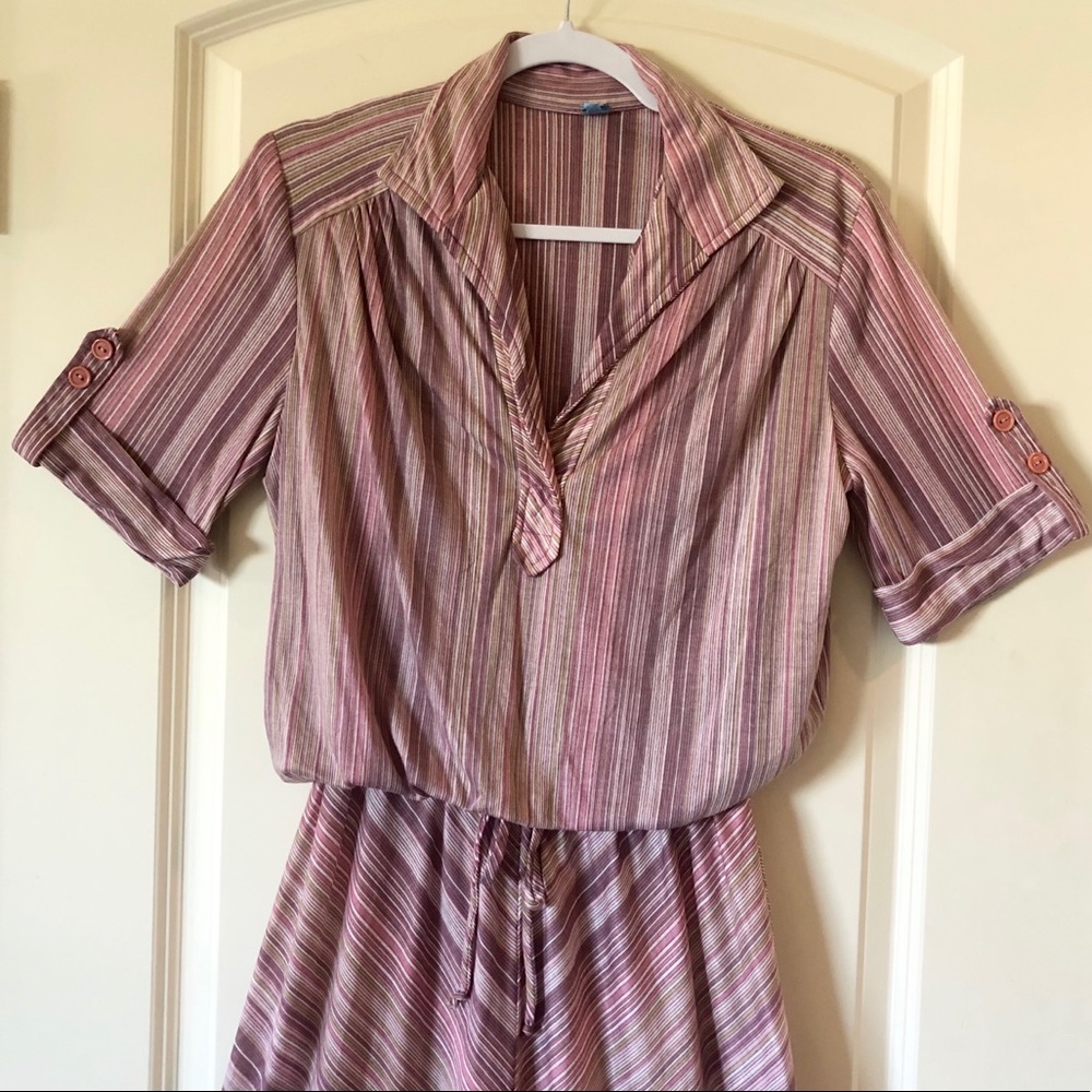 Vintage 70s Striped Knit Midi Dress Mauve Pink A-Line Academia Secretary Sz 16 - Picture 2 of 8